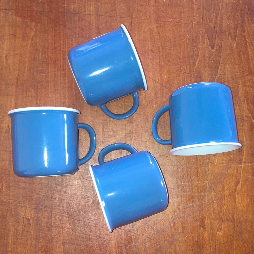 Set of Four MINISO Life Blue Coffee Mugs | 1980s Simplistic Modernist